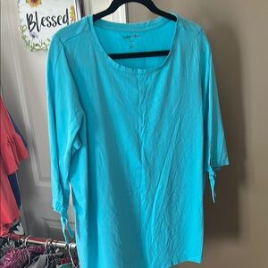 Woman Within Blue 3/4 Sleeve Tie Front Blouse